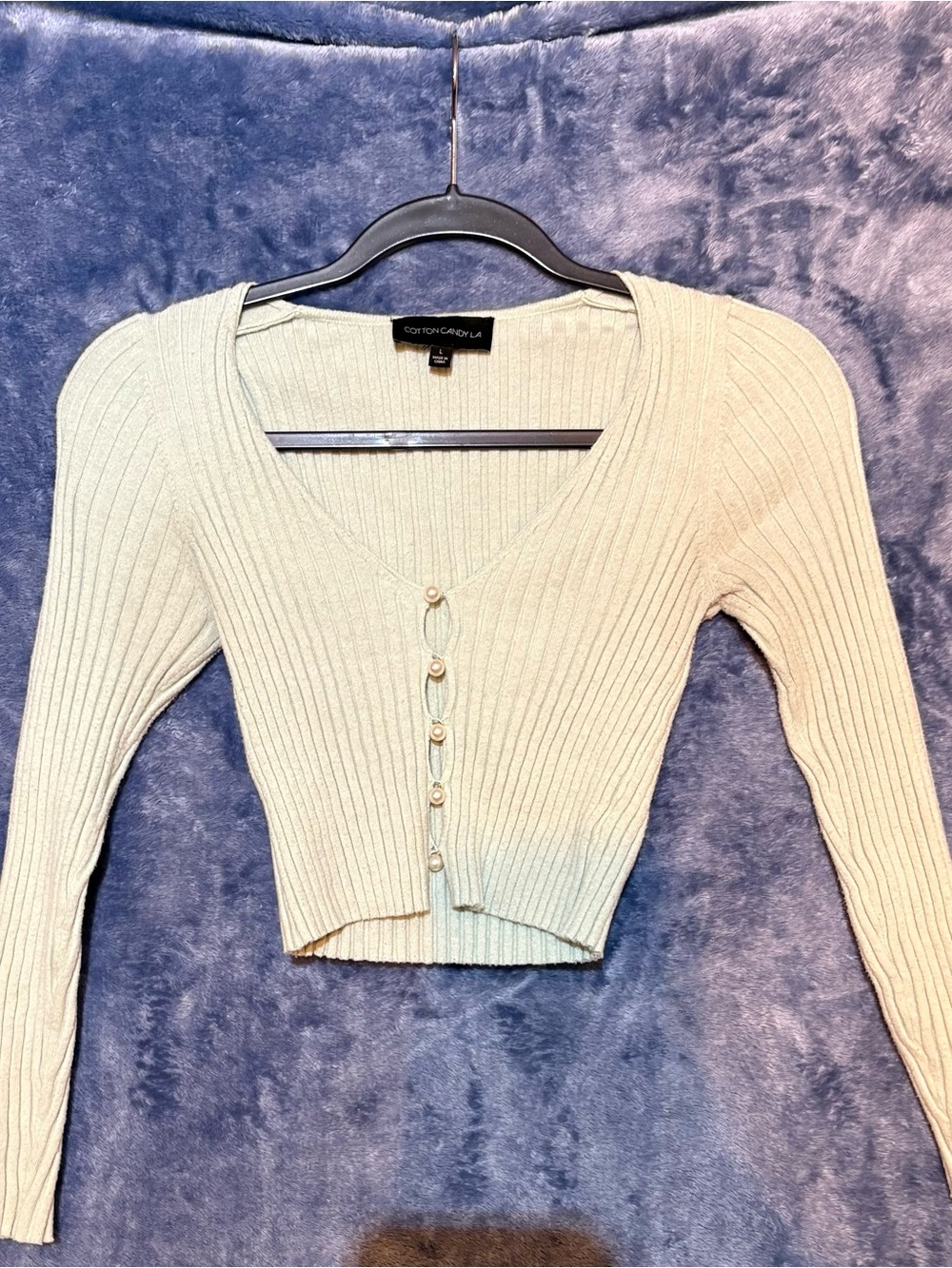 Green Ribbed Cropped V‑Neck Cardigan